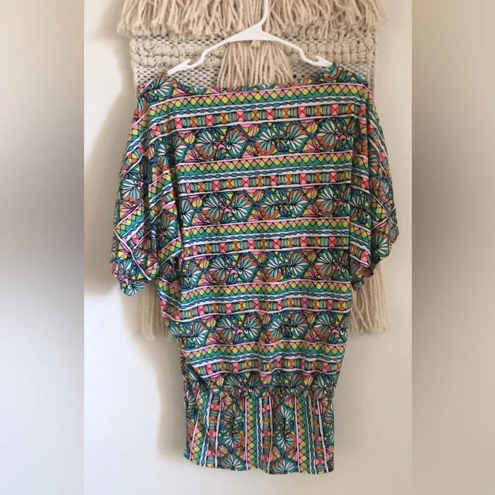 Trina Turk Multicolor Bora Bora Mosaic Print Tunic Cover Up Banded Hem Swim